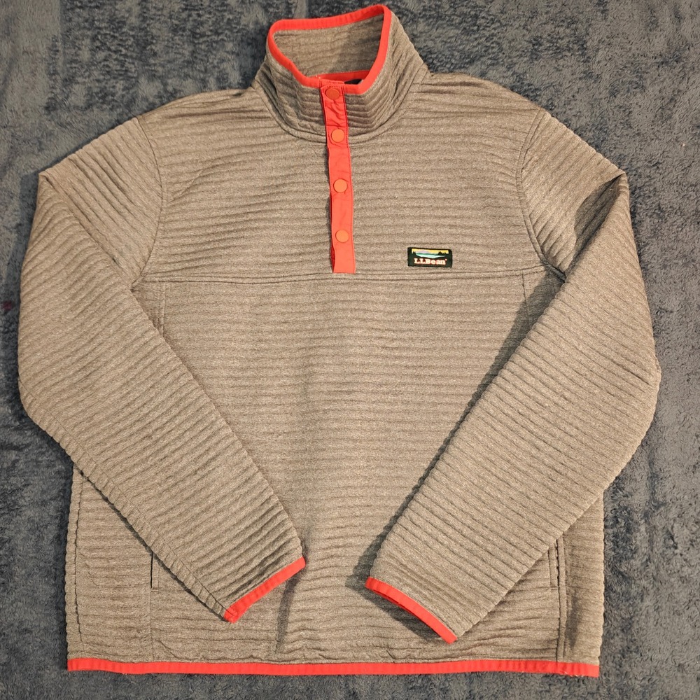 LL Bean Mens Airlight Knit Pullover Gray Orange Trim Snap Neck Fleece 506874 L